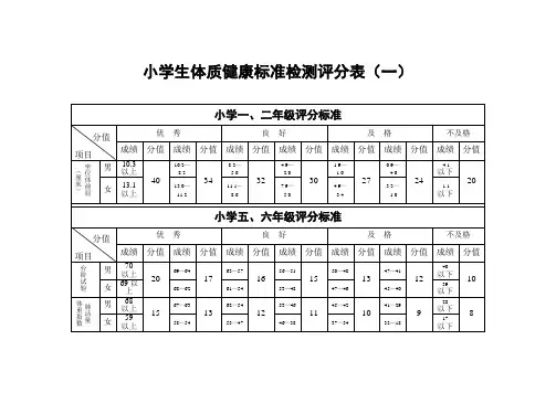 小学生体质健康标准检测评分表