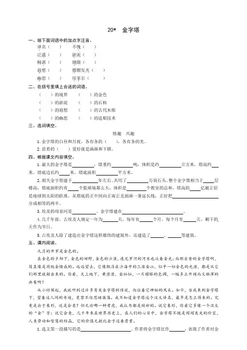 2020部编版五年级语文下册：20金字塔同步练习题(word版有答案)