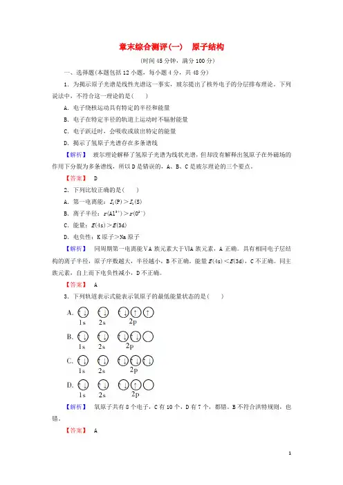 2019高中化学 第1章 原子结构章末综合测评 鲁科版选修3