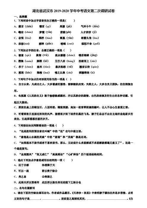 湖北省武汉市2019-2020学年中考语文第二次调研试卷含解析