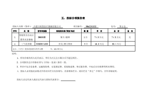 五、投标分项报价表