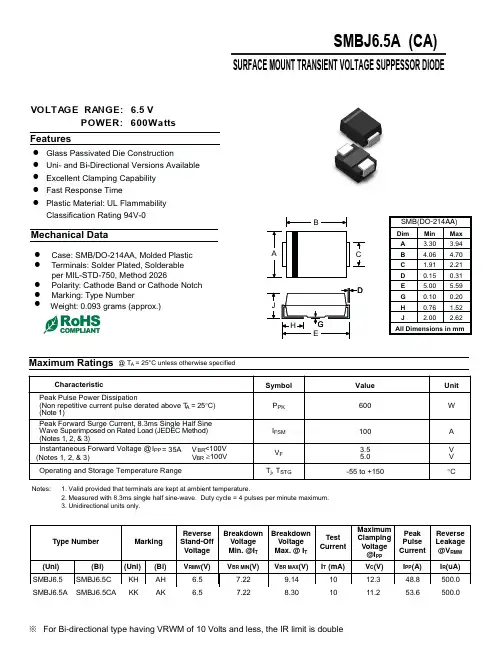 SMBJ6.5CA-TVS瞬态抑制二极管中文资料