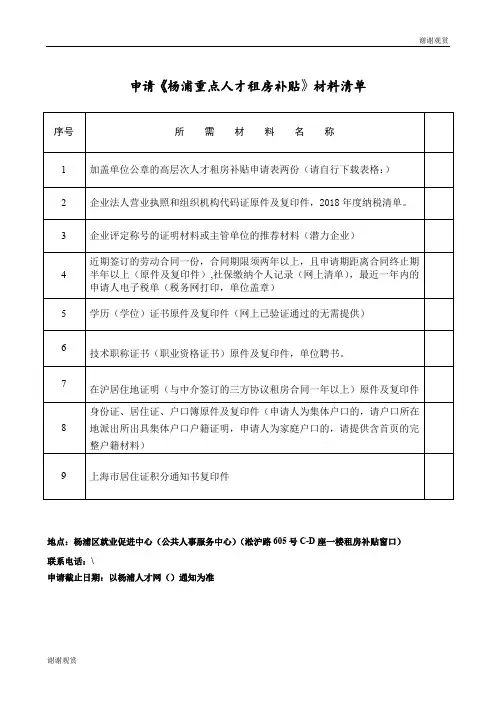 申请《杨浦重点人才租房补贴》材料清单 .doc