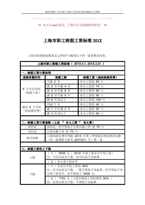 2018-2019-上海市职工病假工资标准201X-word范文模板 (2页)