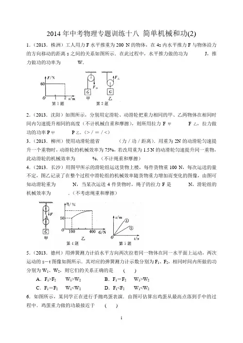 2014年中考物理专题训练十八 简单机械和功(2)