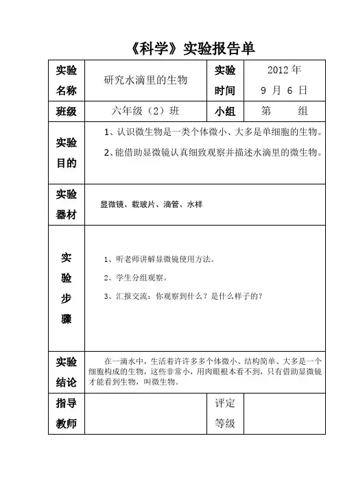 苏教版六年级上册科学实验报告单