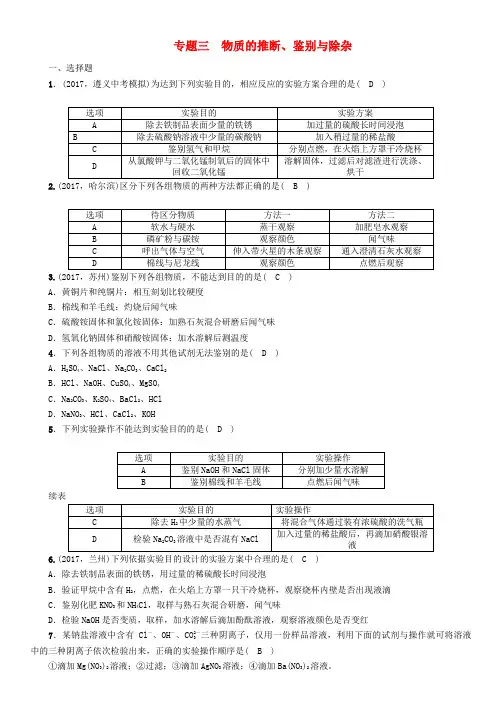 遵义专版2018中考化学总复习第2编重点题型突破篇专题三物质的推断鉴别与除杂精练练习