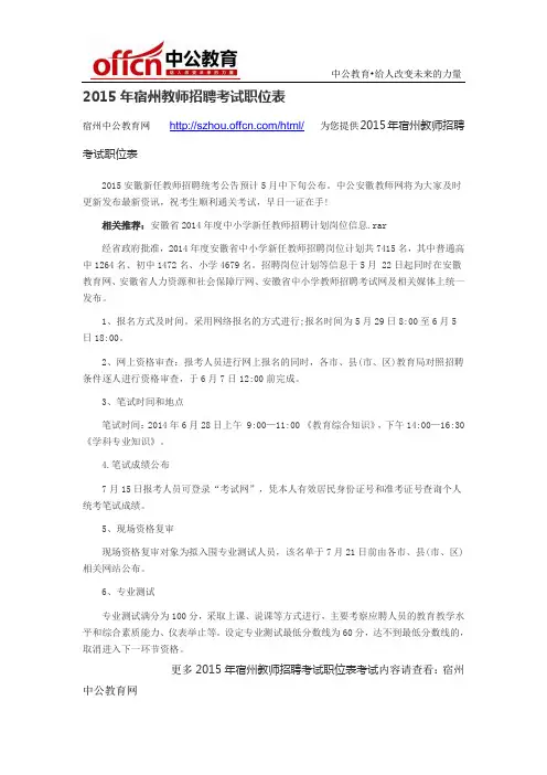 2015年宿州教师招聘考试职位表