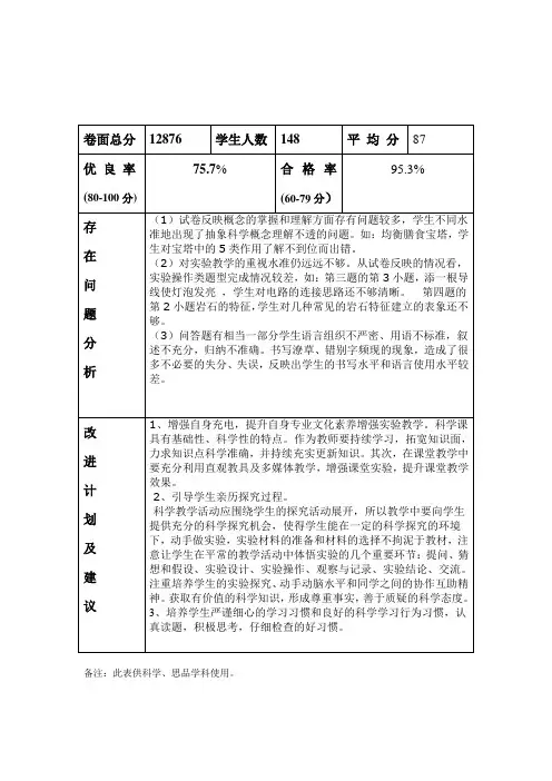 四年级科学质量分析表
