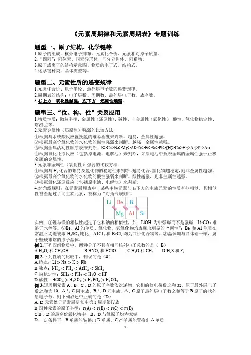 《元素周期律和元素周期表》专题训练,专题复习