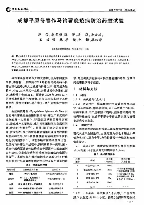 成都平原冬春作马铃薯晚疫病防治药效试验