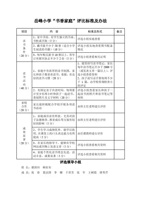 岳峰小学“书香家庭”评比标准及办法