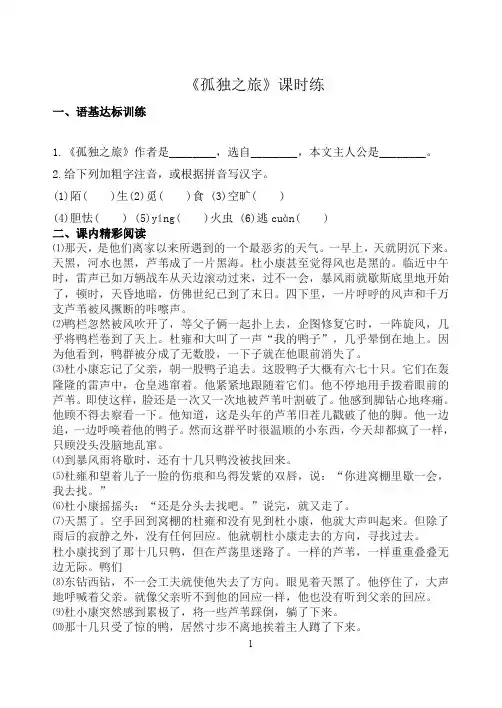 部编版语文九年级上册16《孤独之旅》课堂同步作业试题及答案