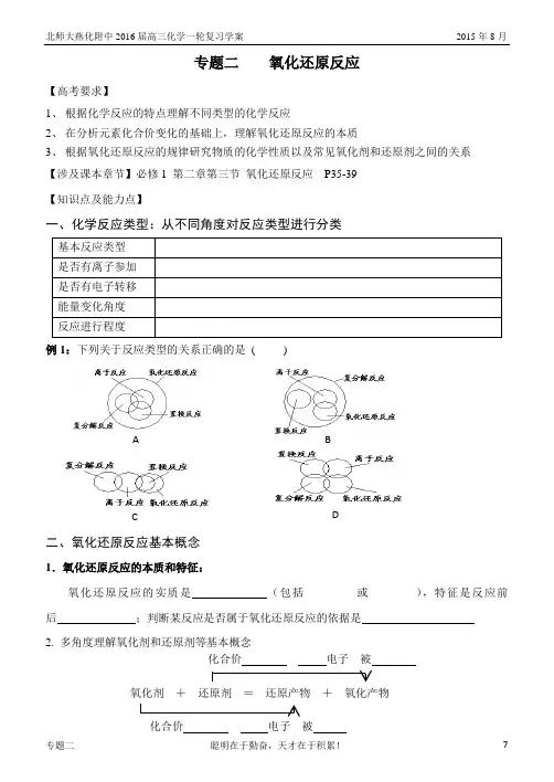 2016届高三化学第一轮总复习学案 专题2 氧化还原