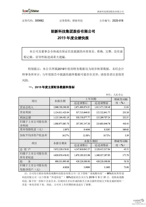 朗新科技：2019年度业绩快报