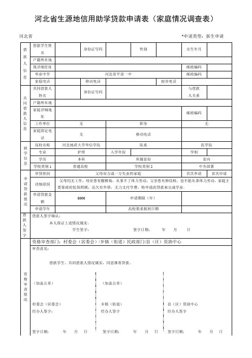 河北省生源地信用助学贷款申请表(空白)