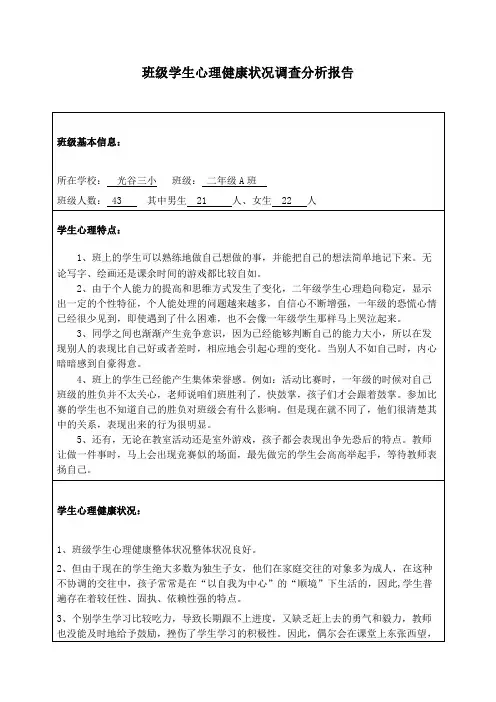班级学生心理健康状况调查分析报告