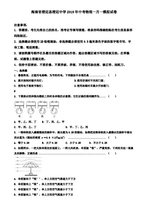 海南省澄迈县澄迈中学2019年中考物理一月一模拟试卷