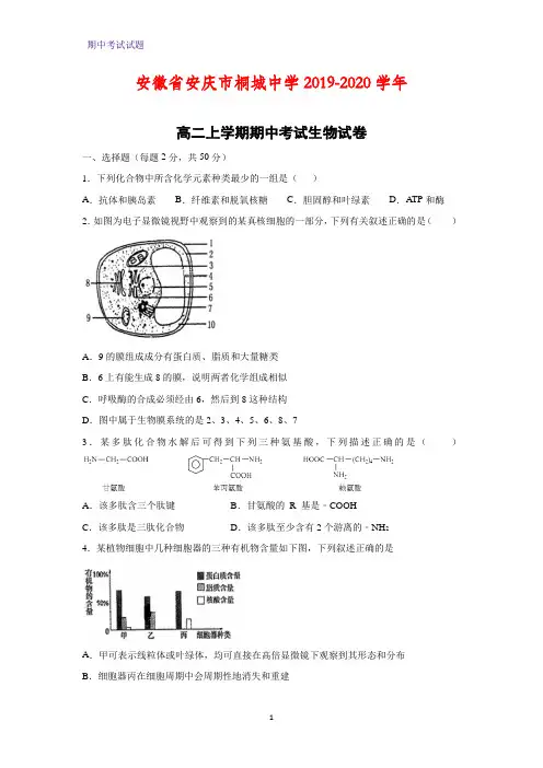 2019-2020学年安徽省安庆市桐城中学高二上学期期中考试生物生物试卷