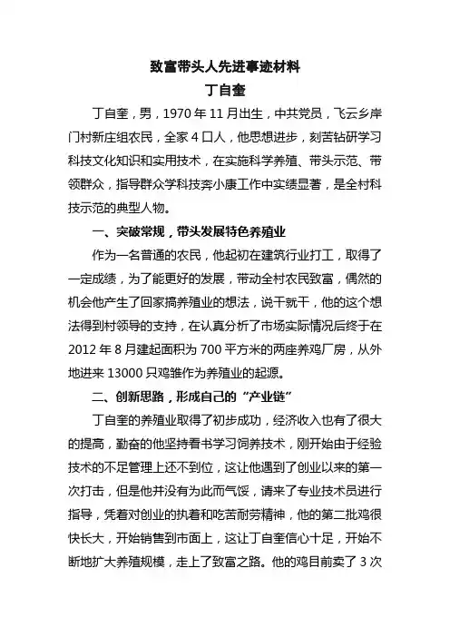 农村致富带头人先进事迹材料(飞云乡岸门村丁自奎)