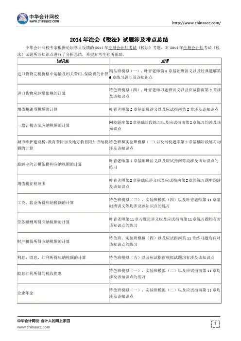 2014年注会《税法》试题涉及考点总结