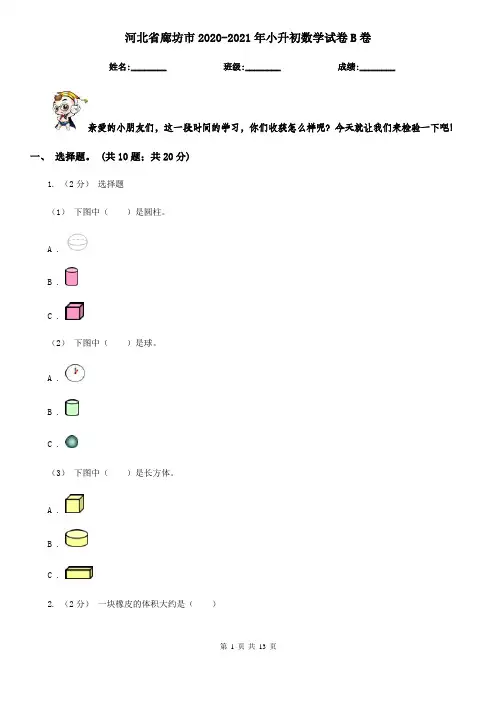 河北省廊坊市2020-2021年小升初数学试卷B卷