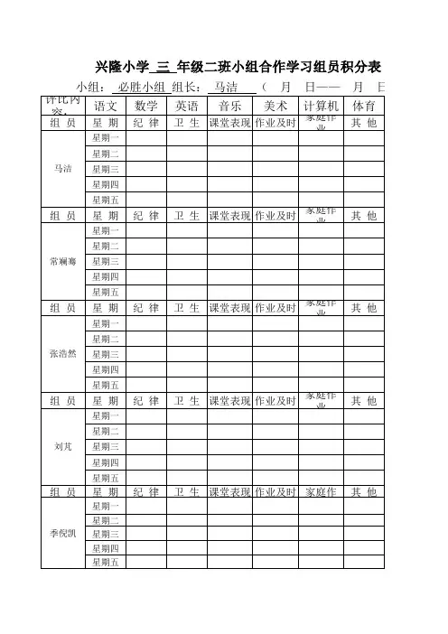 小组合作学习积分表必胜小组