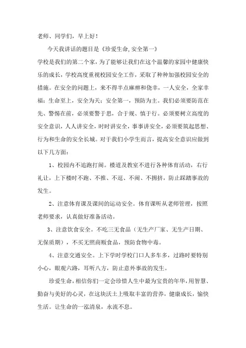 国旗下讲话稿《珍爱生命,安全第一》