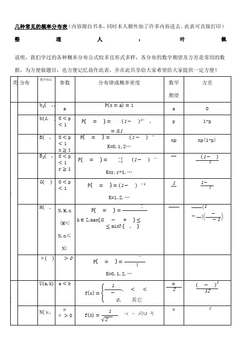 常见概率分布汇总表可!