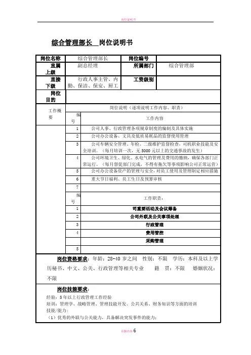 岗位说明书--综合管理部