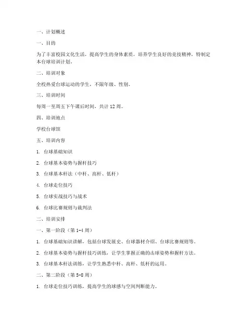 学校台球培训计划书模板