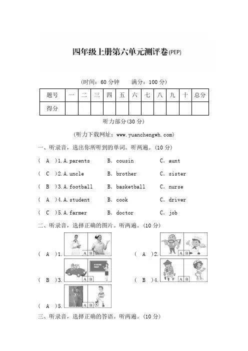 四年级上册英语试题 Unit 6 Meet my family! 人教PEP 有答案