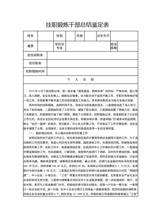 挂职锻炼干部总结鉴定表