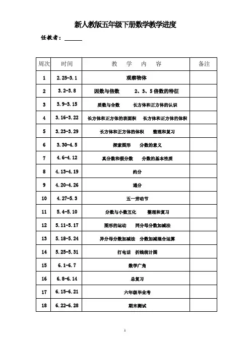新人教版五年级数学教学进度表