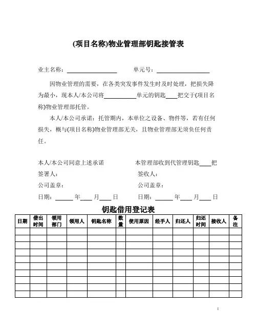 物业公司 钥匙接管表+钥匙借用登记表+钥匙交接记录表+钥匙启用登记表+钥匙分布清册