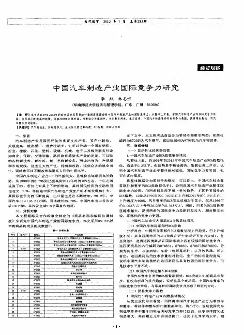 中国汽车制造产业国际竞争力研究