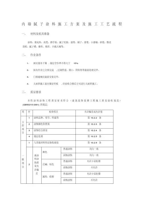 内墙腻子涂料施工方案及施工工艺流程