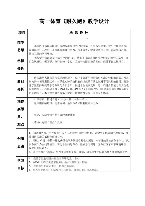高一体育《耐久跑》教学设计