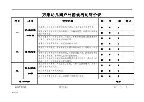 万集幼儿园户外游戏活动评价表
