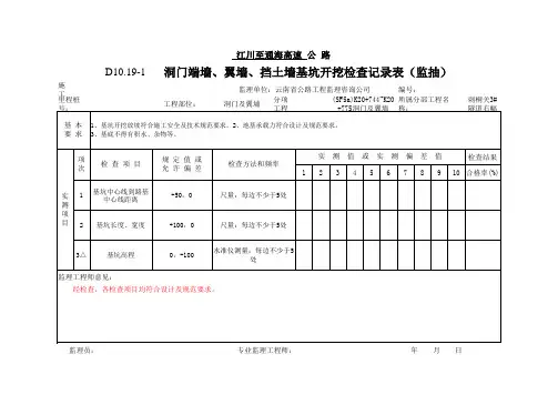 D10.19-1   洞门端墙、翼墙、挡土墙基坑开挖检查记录表 (监抽)