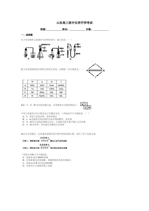 山东高三高中化学开学考试带答案解析

