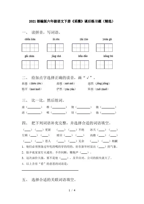 2021部编版六年级语文下册《采薇》课后练习题(精选)