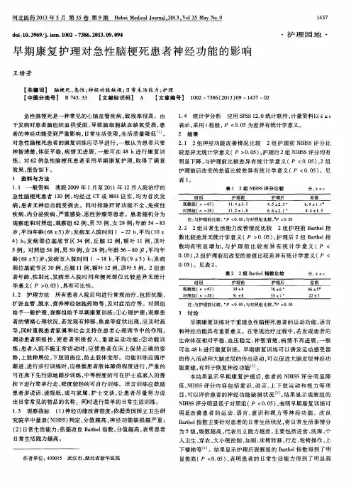 早期康复护理对急性脑梗死患者神经功能的影响