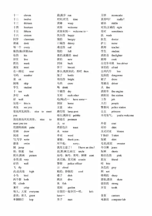 沪教版小学四年级英语单词汇总