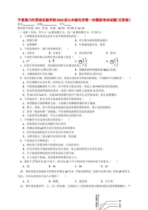 宁夏银川外国语实验学校2020届九年级化学第一次模拟考试试题(无答案)