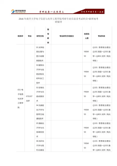 2016年南开大学电子信息与光学工程学院考研专业目录及考试科目-新祥旭考研辅导