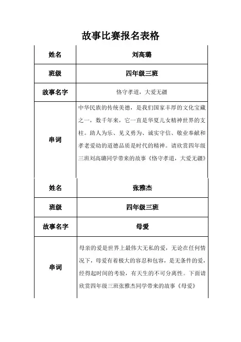 四年级三班 故事比赛报名表