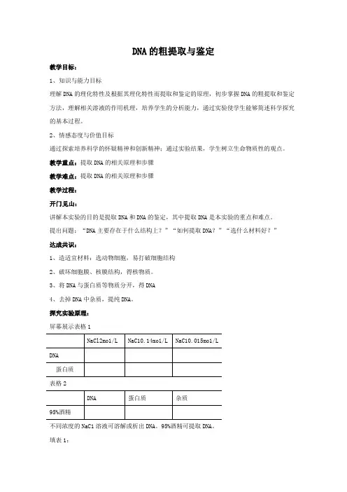生物：5.1《DNA的粗提取与鉴定》教案(新人教版选修1)高二