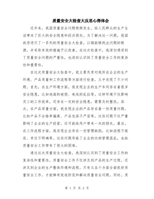 质量安全大检查大反思心得体会