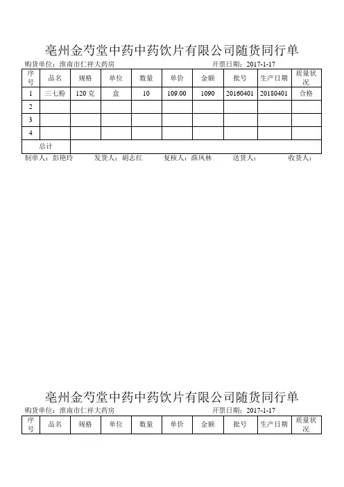 亳州金芍堂中药中药饮片有限公司随货同行单